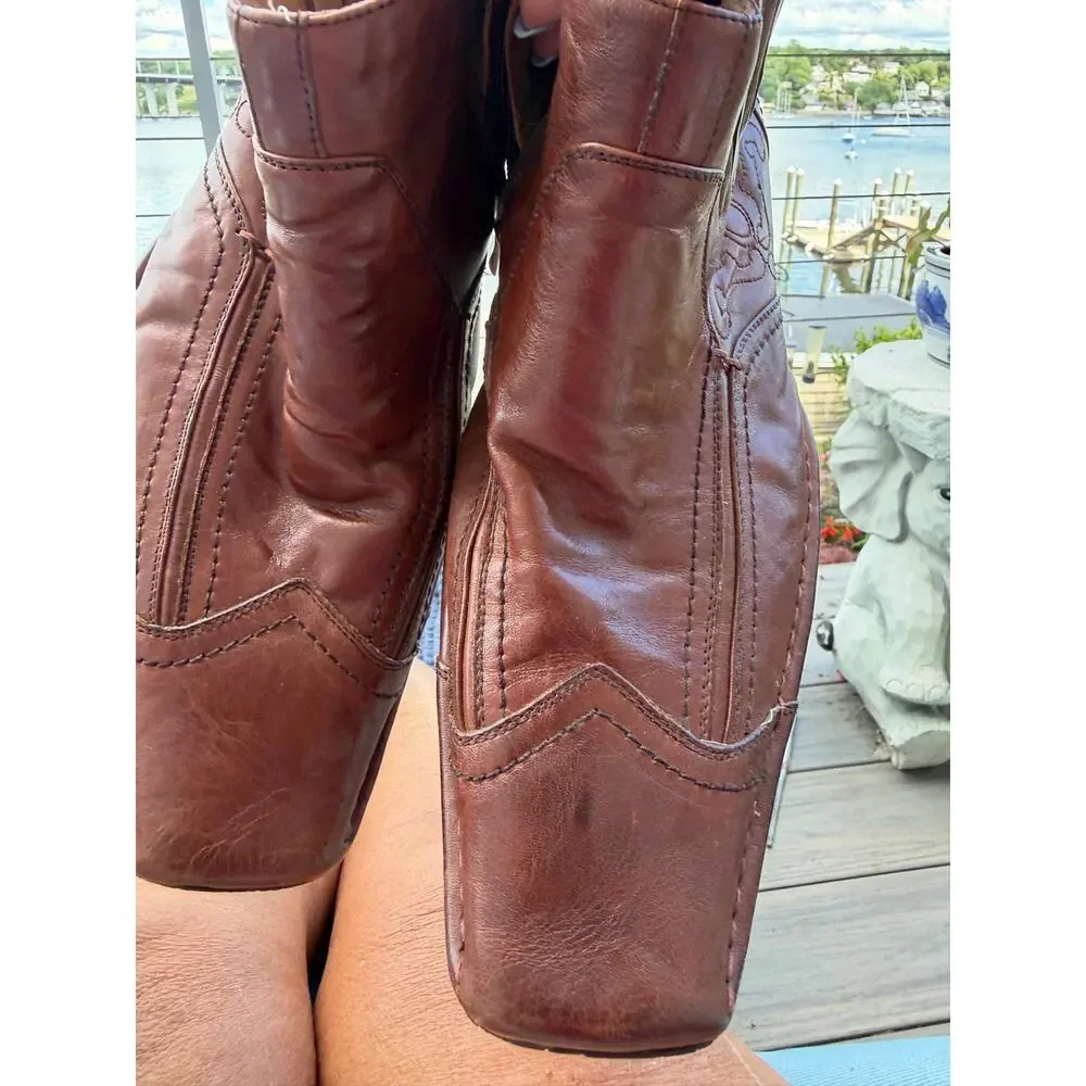 Stacy Adams Mens 10.5M Brown Leather Western Ankle Boots Zip Square Toe Cognac